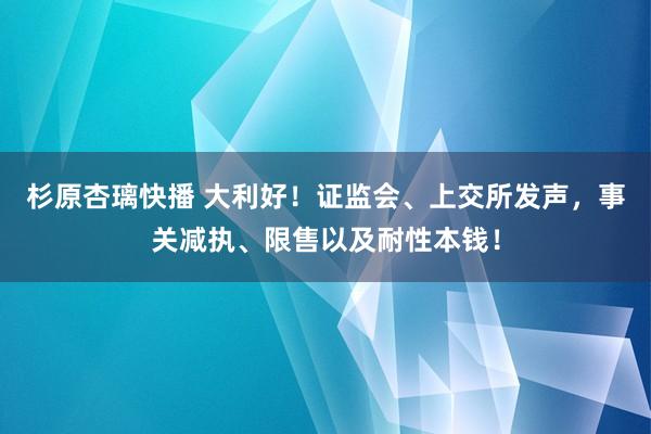 杉原杏璃快播 大利好！证监会、上交所发声，事关减执、限售以及耐性本钱！